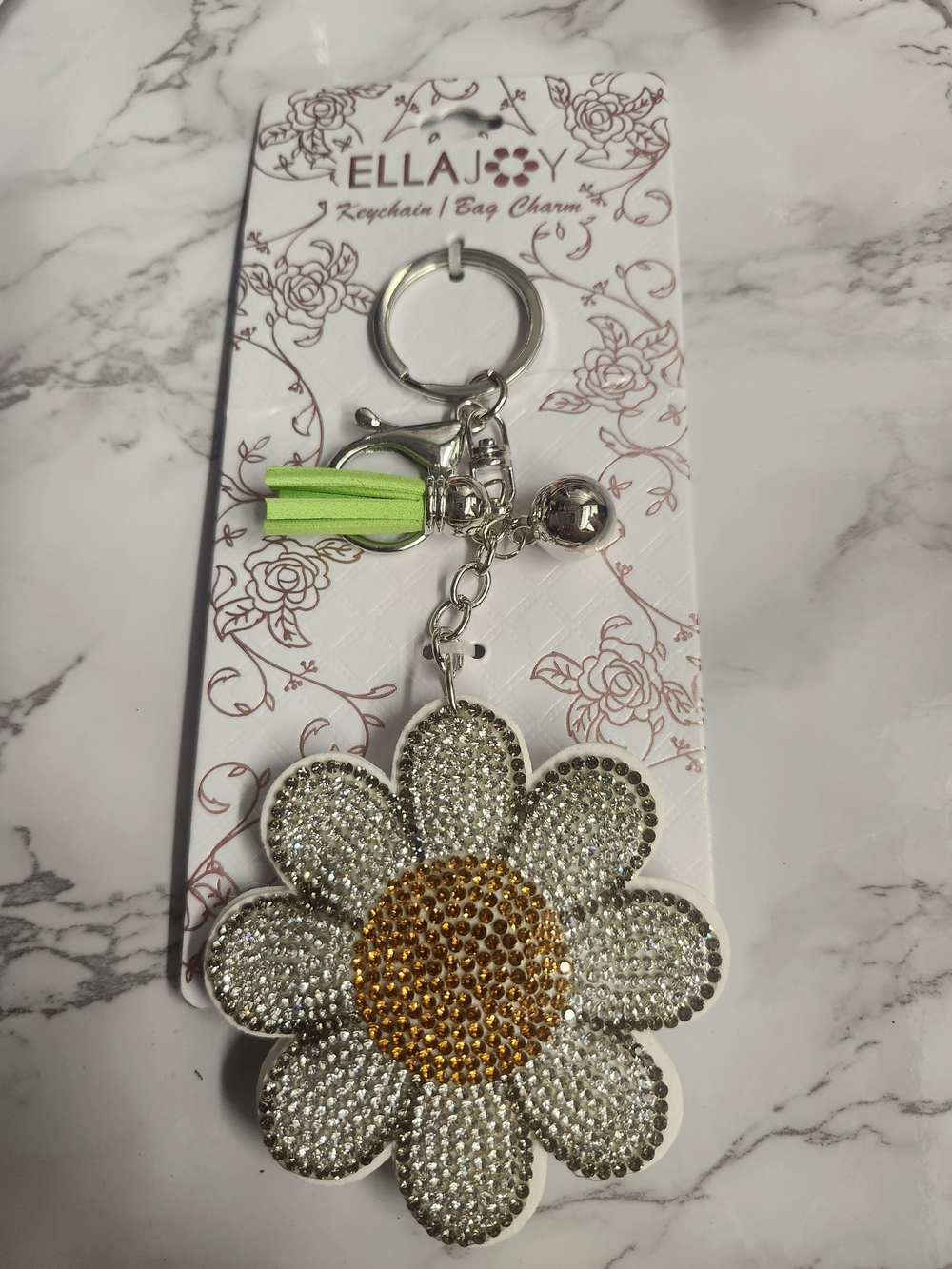 Ella Joy Rhinestone Flower Keychain & Bag Charm Silver & Orange NWT